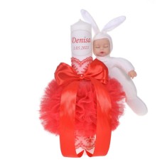 Lumanare botez personalizata, decor rosu cu tul, dantela si o jucarie iepuras,