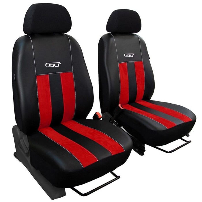 Set Huse Scaune Auto Pok-Ter GT1+1, Piele Ecologica si Material Textil tip Alcantara, Negru - Rosu, 4 piese Automobile ProTravel