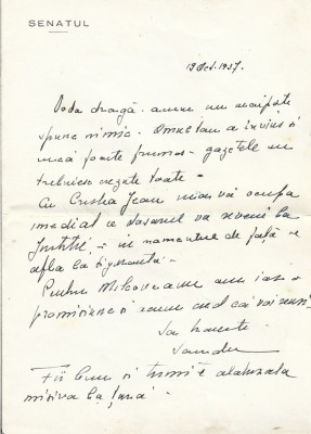 A3798N Scrisoare olografă cu antet Senatul Rom&amp;acirc;niei, 1937 foto