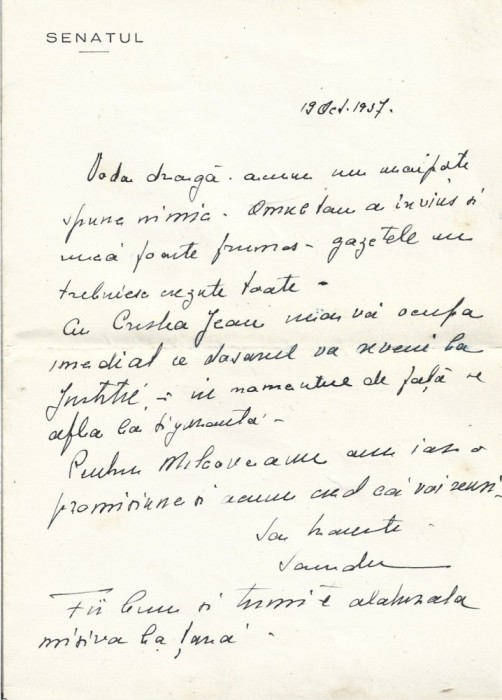 A3798N Scrisoare olografă cu antet Senatul Rom&acirc;niei, 1937