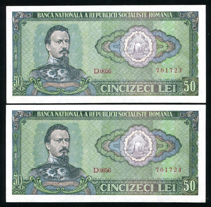 q605 PERECHE CONSECUTIVA 50 LEI 1966 NECIRCULATA UNC