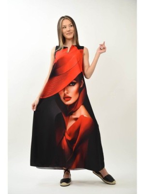 ROCHIE MAXI ENIGMA SCARLET LADY IN RED - PORTRETUL SOFISTICAT AL ELEGANTEI TALIE UNICA Multicolora foto