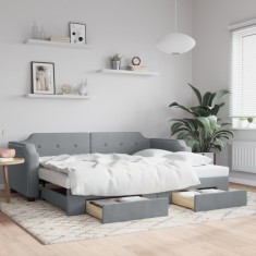 Pat de zi cu extensie și sertare, gri deschis 100x200 cm textil foto