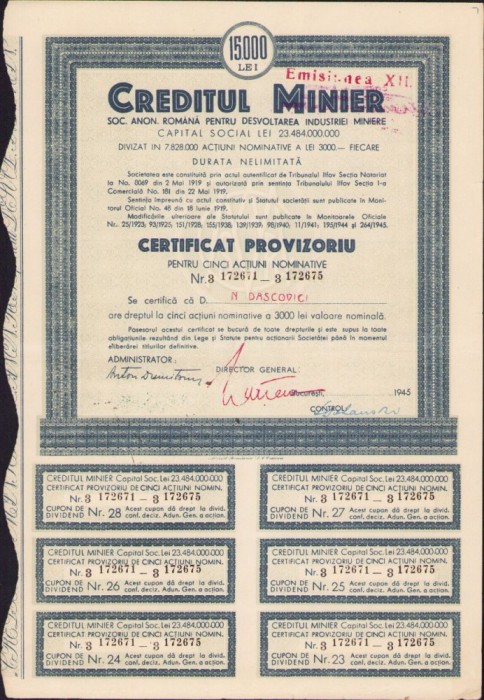 A530 Acțiune Creditul Minier pe numele academicianului Nicolae Dașcovici