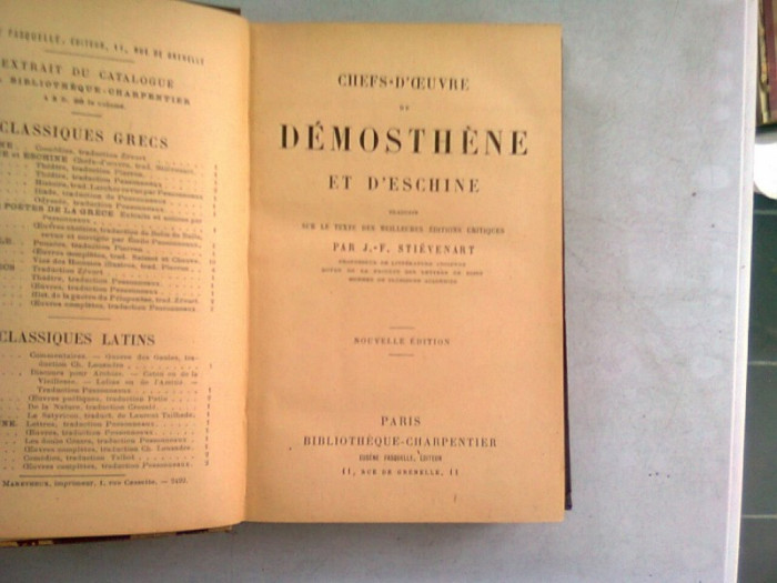 CHEFS D&#039;OEUVRES DE DEMOSTHENE ET D&#039;ESCHINE - J.F. STIEVENART (CARTE IN LIMBA FRANCEZA)