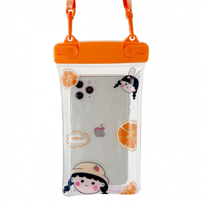 Husa subacvatica fruity waterproof flippy, snowproof, universala, impermeabila, cu snur, pentru telefon sau documente, orange girl 2, oranj
