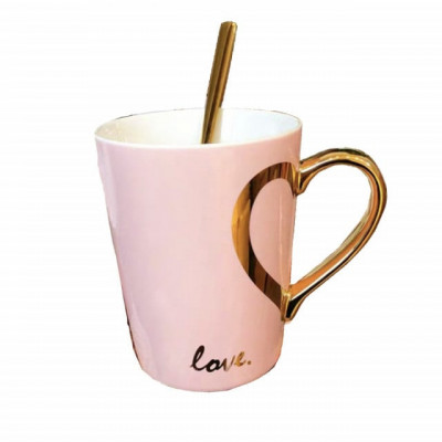 Cana cu capac din ceramica si lingurita Pufo Love pentru cafea sau ceai, 350 ml, roz foto