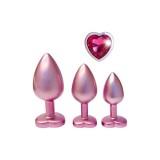 Set plug anal DREAMTOYS Pearl Pink Plug, 3 dopuri de dimensiuni progresive, 7.1 cm - 9.5 cm, cu baze &icirc;n formă de inimă, roz