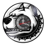 Ceas de perete decorativ Pitbull Bully, realizat din disc de vinil upcycled, model Caine cu Zgarda cu Tinte, negru, 30 cm