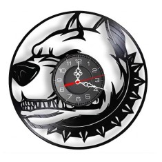 Ceas de perete decorativ Pitbull Bully, realizat din disc de vinil upcycled, model Caine cu Zgarda cu Tinte, negru, 30 cm