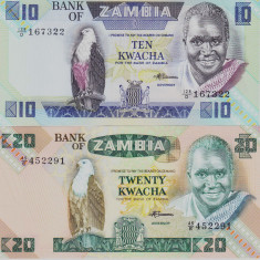 Bancnota Zambia 10 si 20 Kwacha (1988) - P26e/27e UNC ( set x2 )