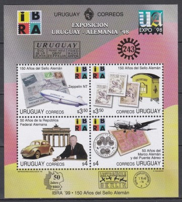 Uruguay 1998 - Expoziția Internațională de Timbre &amp;bdquo;IBRA &amp;#039;99&amp;rdquo; - N&amp;uuml;rnberg și Expoziția de Timbre Uruguay-Germania, Montevideo, Colita, MNH foto