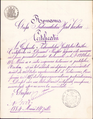 HST A276 Certificat 1884 inginer hotarnic al județului Vaslui foto