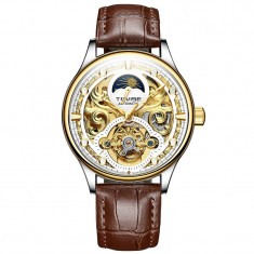 Ceas barbatesc Tevise Mecanic automatic Skeleton Auriu Maro Analog Elegant