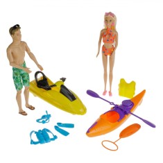 Set Papusi Manechin, Betty, Jetski Galben și Negru cu Vesta Galbena, Canoe Portocalie cu Vasle Mov, Multicolor, 2 Bucăți