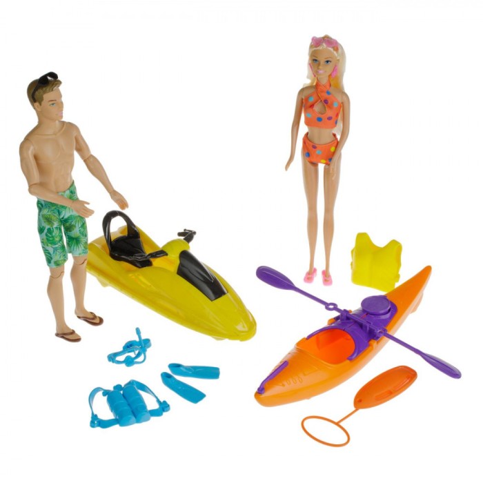 Set Papusi Manechin, Betty, Jetski Galben și Negru cu Vesta Galbena, Canoe Portocalie cu Vasle Mov, Multicolor, 2 Bucăți