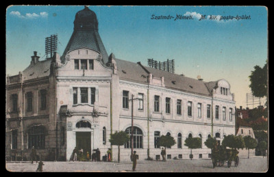 1910 Romania CP Satu Mare, Posta Centrala, caruta, animatie, circulata in 1949 foto