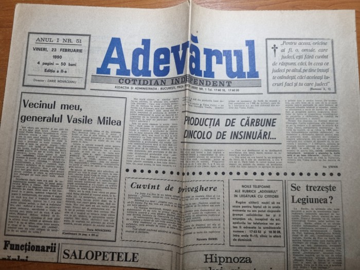 ziarul adevarul 23 februarie 1990-articolul - vecinul meu generalul vasile milea