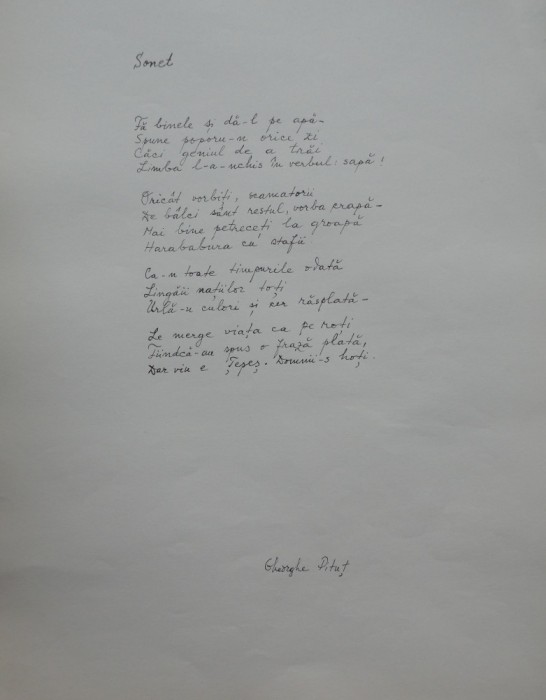 Manuscris de expozitie scris olograf de poetul Gheorghe Pitut, poezia Sonet