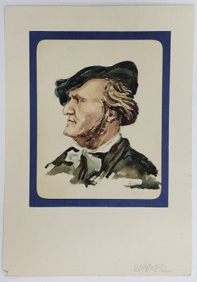 COMPOZITORUL RICHARD WAGNER , ACUARELA , SEMNATA INDESCIFRABIL , SEC. XX foto