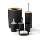 Set de accesorii rotunde pentru baie din plastic cu elemente bambus, 6 piese, negru