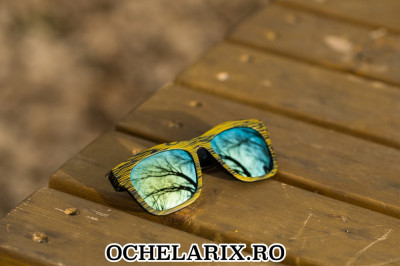 Ochelari Soare Lemn Imprimat Retro - Unisex , Oglinditi - Verde foto