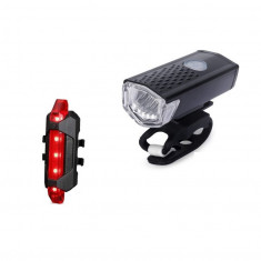 Set lumini pentru bicicleta, Fata/spate, Rezistent la apa, Reincarcabil USB, Negru