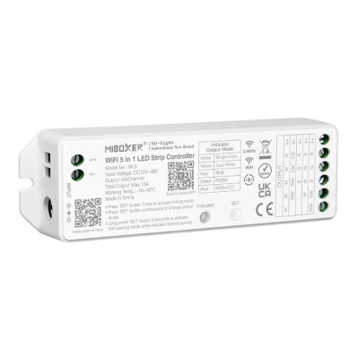 Controller LED MiBoxer WL5, 5-in-1 (monocolor, dual-white, RGB, RGBW, RGB+CCT), 12-24V, 6A canal (max 15A), WiFi+2.4GHz, Tuya, alb foto