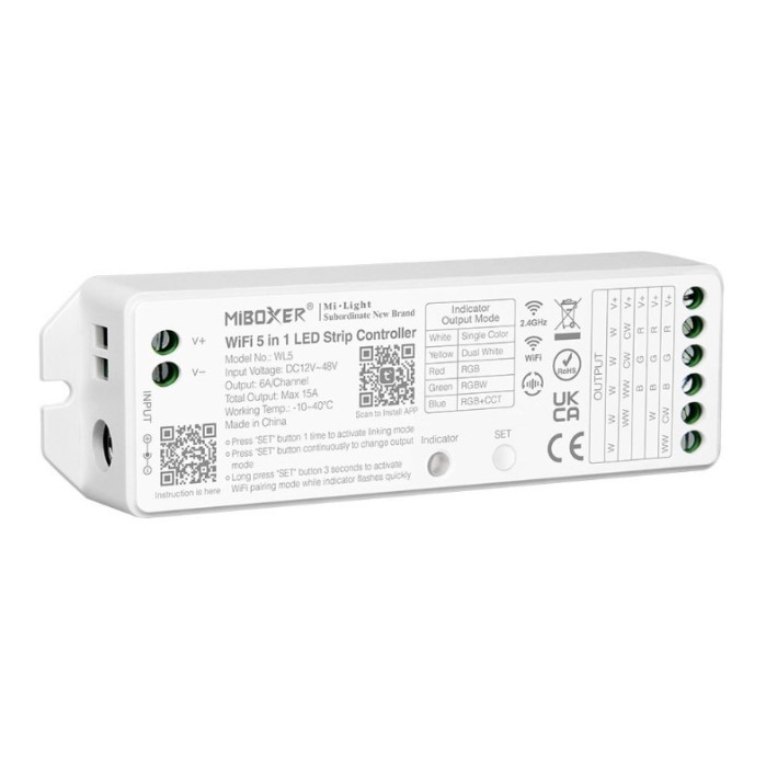 Controller LED MiBoxer WL5, 5-in-1 (monocolor, dual-white, RGB, RGBW, RGB+CCT), 12-24V, 6A canal (max 15A), WiFi+2.4GHz, Tuya, alb