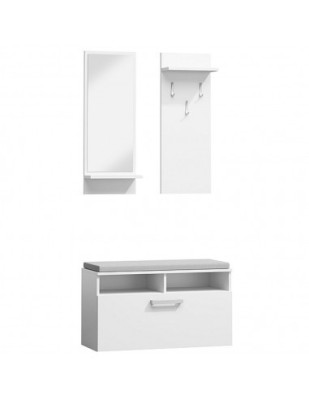 Set cuier si pantofar cu oglinda SL P003, Pal Melaminat, 3 agatatori, banca, spatiu depozitare, polita, alb foto