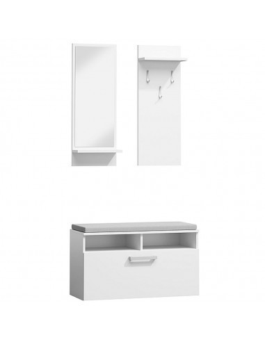 Set cuier si pantofar cu oglinda SL P003, Pal Melaminat, 3 agatatori, banca, spatiu depozitare, polita, alb