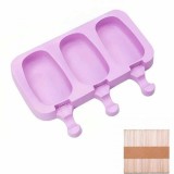 Forma pentru inghetata pe bat, 3 compartimente cu capac, 50 bete din lemn, silicon, diverse culori, 20 x 14.5