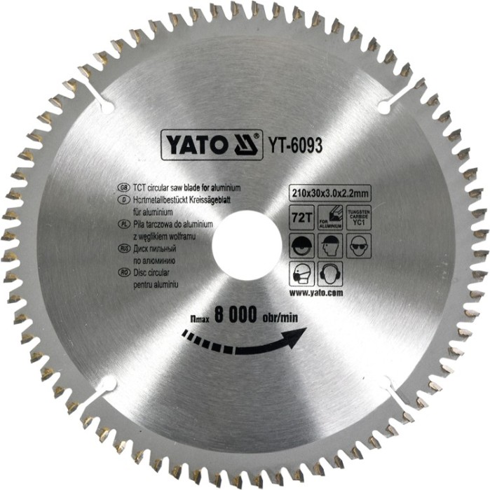 Disc fierastrau wolfram pentru aluminiu 210 mm x 72T YATO