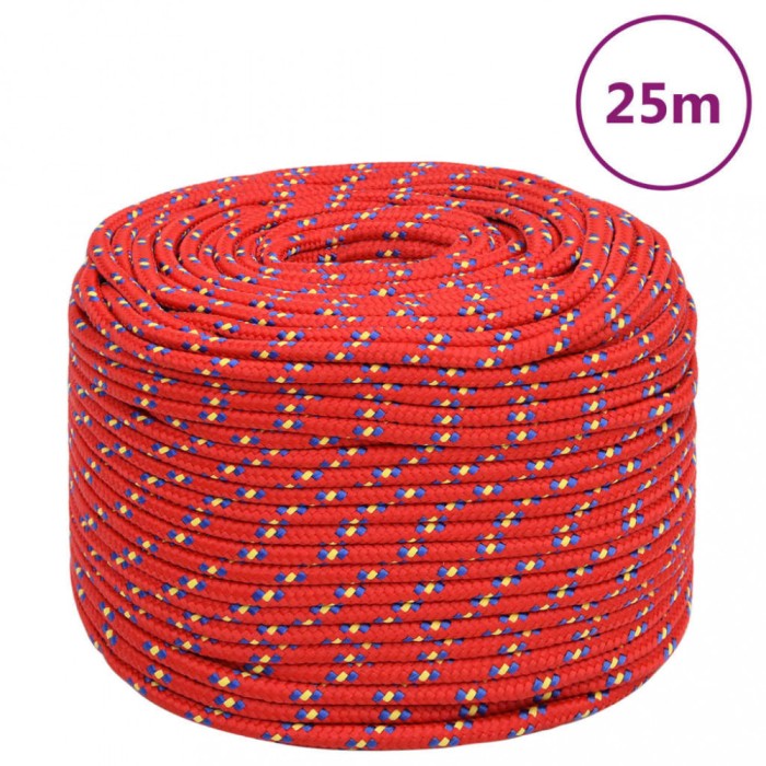 vidaXL Fr&acirc;nghie de barcă, roșu, 8 mm, 25 m, polipropilenă