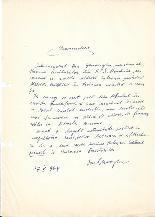 A3536N Ion Gheorghe, act scris și semnat olograf, 1968