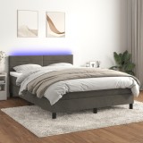 vidaXL Pat cu arcuri, saltea și LED, gri &icirc;nchis, 140x190 cm, catifea