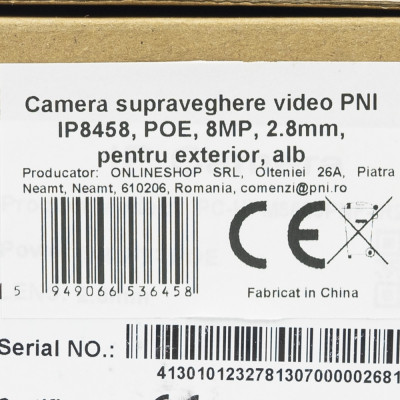 Camera supraveghere video PNI IP808J, POE, 8MP, 2.8mm, pentru exterior, alb foto