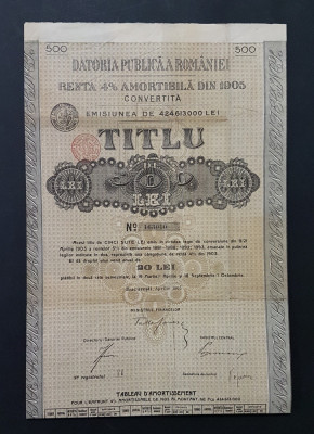 Titlu / obligatiune de 500 lei 1905 , datoria publică a Romaniei , actiuni foto