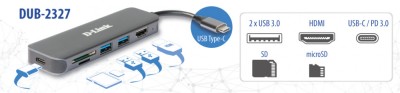 HUB extern D-LINK, porturi 2xSuperSpeed USB 3.0, 1xUSB-C with data sync &amp;amp;amp; PD-60W,1xHDMI 4k,Dual-Slot SD/microSD/SDHC/SDXC Card Reader, conec USB-C foto