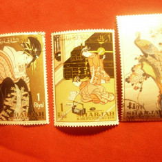 Serie Sharjah 1967 Ziua Postei - Pictura Japoneza , 3 val. stampilate