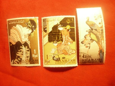 Serie Sharjah 1967 Ziua Postei - Pictura Japoneza , 3 val. stampilate foto
