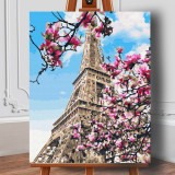 Set premium pictura pe numere (panza) Magnolia in floare la Paris 50x40 cm, Jad
