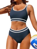 Set bikini sport pentru femei cu talie &icirc;naltă, control al abdomenului și push-up, două piese &ndash; Navy XL