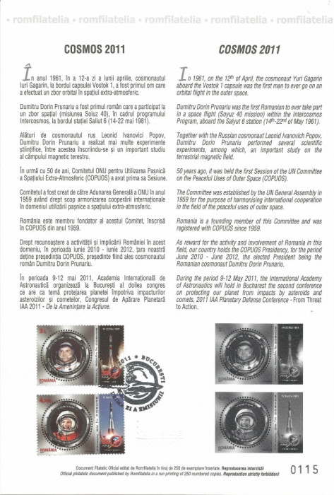 Rom&acirc;nia, LP 1901a/2011, Cosmos 2011, carton filatelic