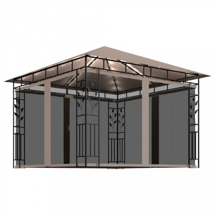 Pavilion cu plasă anti-ț&acirc;nțari&amp;lumini LED,gri taupe, 3x3x2,73 m