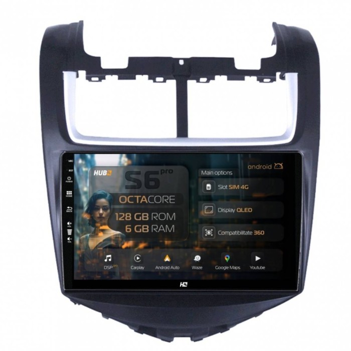 Navigatie Chevrolet Aveo (2014-2017) 6GB RAM Android 13 Octacore Slot Sim 4G DSP GPS Wi-FI Carplay Android Auto USB Bluetooth Waze Touchscreen 9 Inch