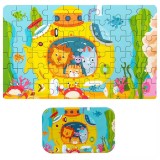 Puzzle 60 de piese din lemn in cutie metalica, flippy, model submarin, educativ, dezvoltare abilitati cognitive, pentru prescolari, 22.5x13.5 cm, mult