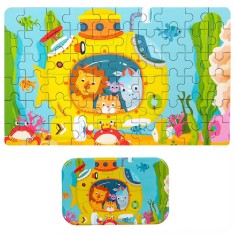 Puzzle 60 de piese din lemn in cutie metalica, flippy, model submarin, educativ, dezvoltare abilitati cognitive, pentru prescolari, 22.5x13.5 cm, mult