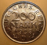 Moneda Germania Weimar 200 Mark 1923 D AUNC, 1g Aluminiu, 23mm, KM# 35
