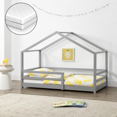 Pat copii KnattenHG cu saltea si grilaj protectie 70x140 cm gri deschis [en.casa] HausGarden Leisure